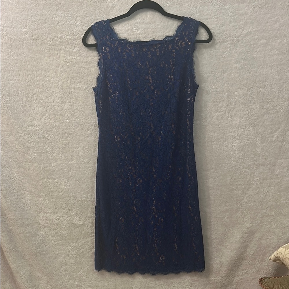 Adrianna Papell Blue Lace Scoop Neck Sheath Midi Dress